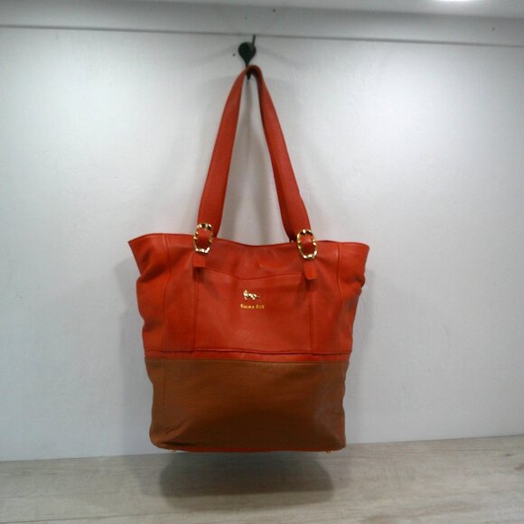 Emma Fox Large Leather Orange & Brown Color block gold tone Hardware Purse Bag - Picture 4 of 15